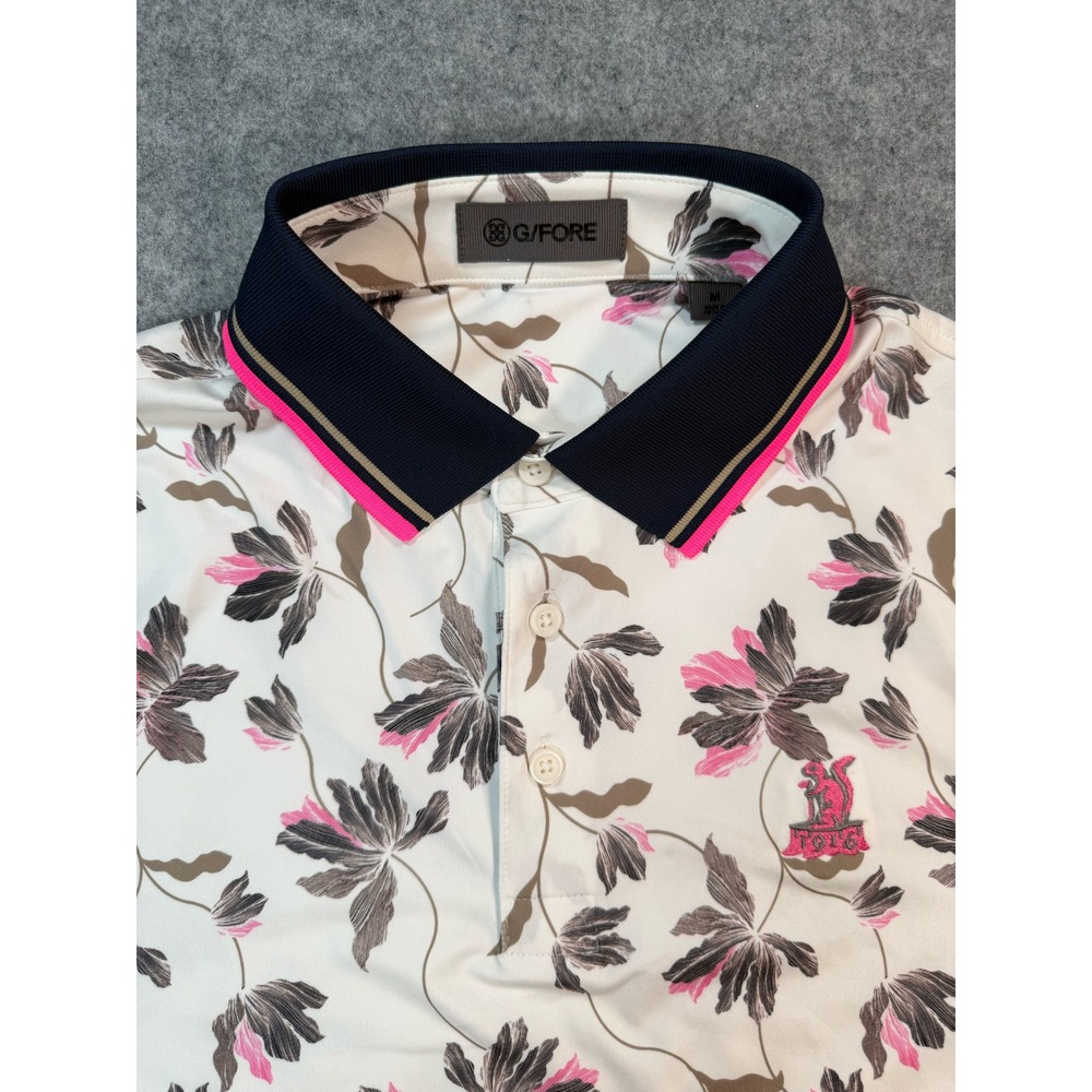 G/FORE‎ Mens Floral Print Performance Golf Polo Shirt White Pink UPF 50+ Size M - Picture 4 of 9